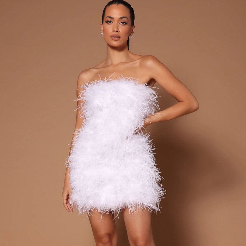 Fashion Nova white feather mini dress. Perfect for brides!
